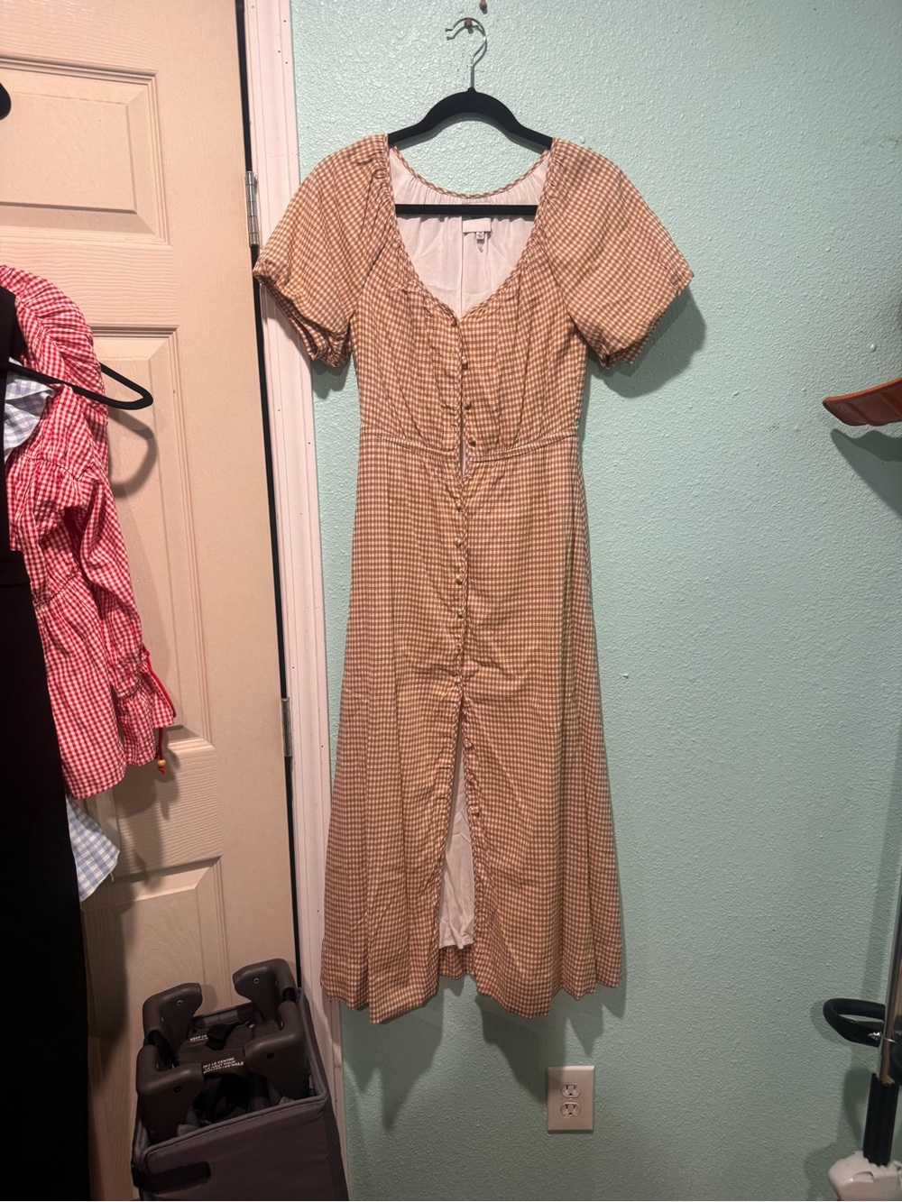 Reformation Tan Gingham Button-Front Midi Dress